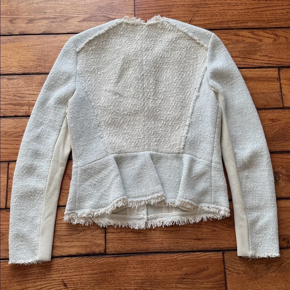 Rebecca Taylor‎ Genuine Lamb Leather Detail Tweed Jacket Beige/Light Blue Sz 8